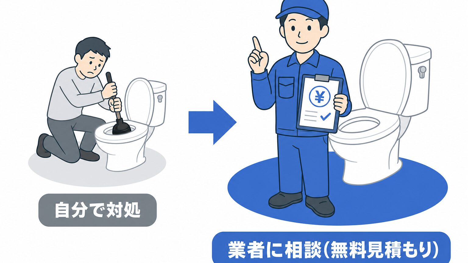 自分でラバーカップを使う対処と、業者に無料見積もりを相談する流れを示す比較図解