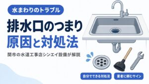 キッチンの排水口のつまりと、重曹・ラバーカップなどの対処法、業者に頼むサインを示すイメージ画像