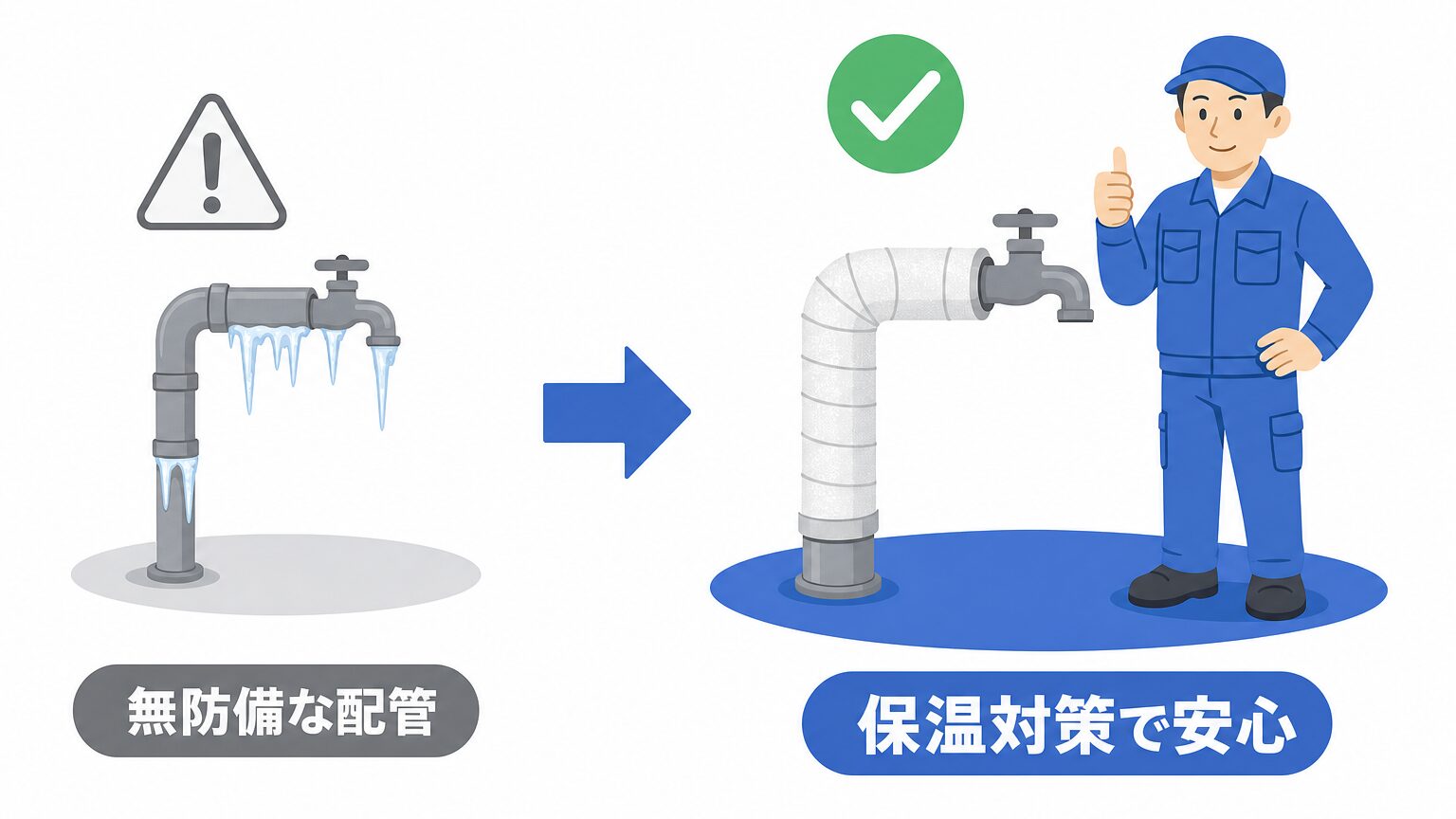 無防備な配管の凍結リスクと、保温対策で安心な状態の比較図解