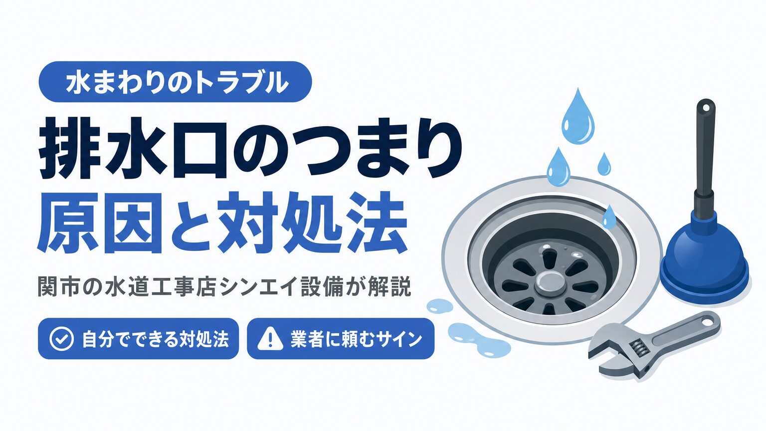 排水口のつまりと自分でできる対処法、業者に頼むサインを示すイメージ画像