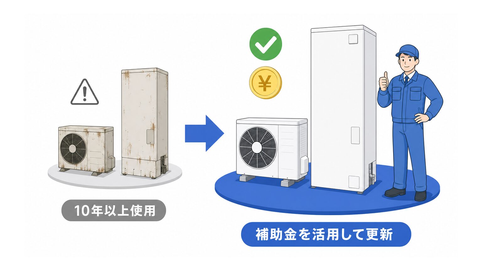 10年以上使用したエコキュートと、補助金を活用して更新した状態の比較図解